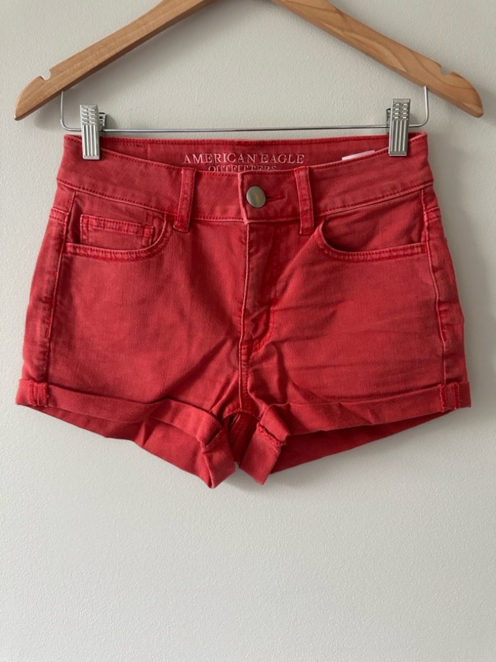 American Eagle Outfitters Women's Red Denim Rolled Hem Shorts Size 2